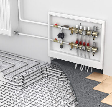 Underfloor heating with collector and radiator in the room. Conc Underfloor heating with collector and radiator in the room. Concept of technology heating. The order of layers in the floor.